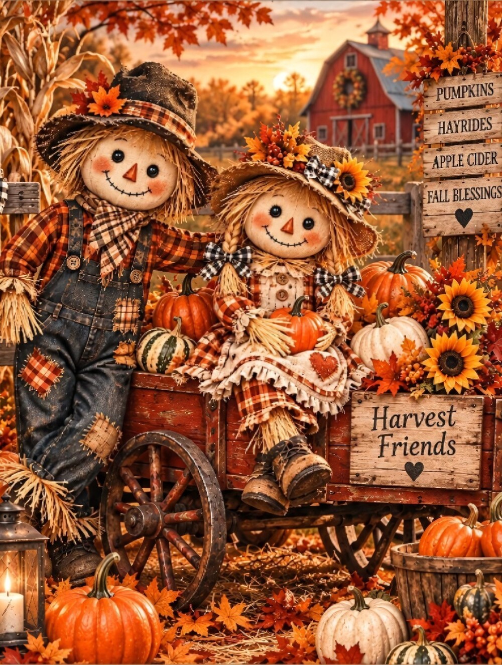 Autumn Harvest Scarecrow Couple Fall Decor - Orange
